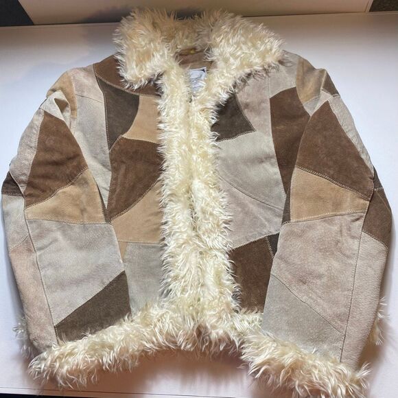 Learsí Genuine Leather Patchwork Suede Jacket M Faux Fur Trim Boho Retro Chic - Picture 2 of 7